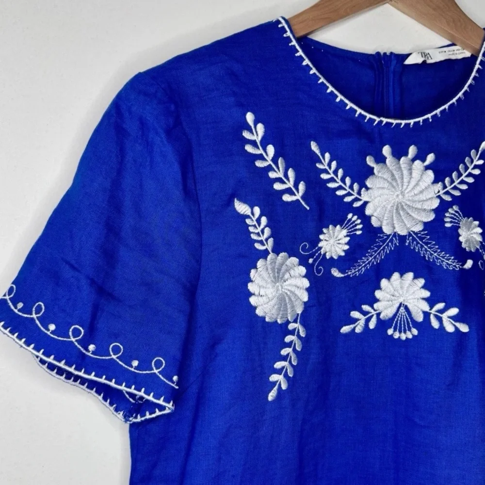 ZARA Women’s Blue Linen Embroidered Flower Short Sleeve mini Dress MEDIUM - Picture 4 of 5